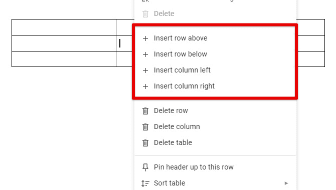 Inserting a row or column