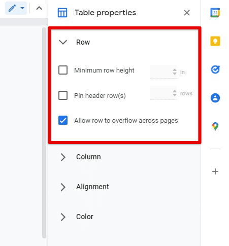 Row properties