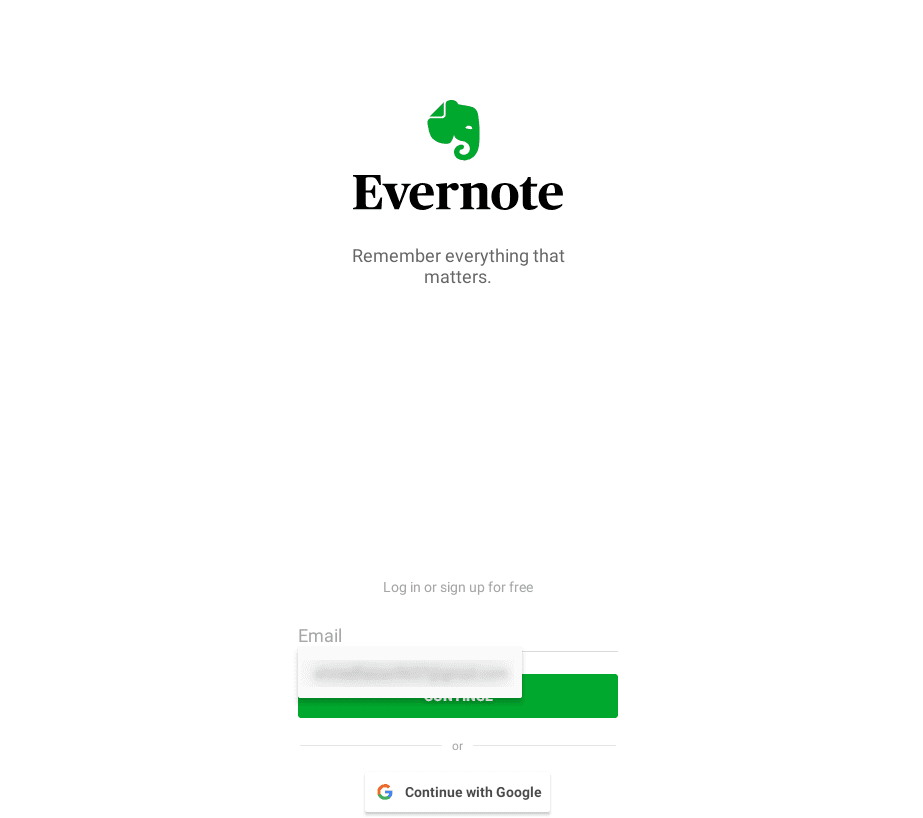 Signing into the Evernote account