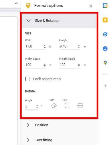 Size & Rotation tab