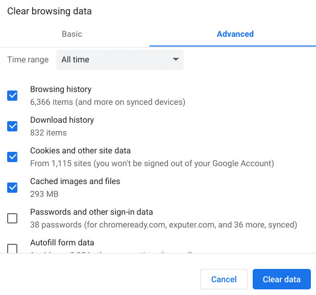 Clearing advanced browsing history and Chrome data
