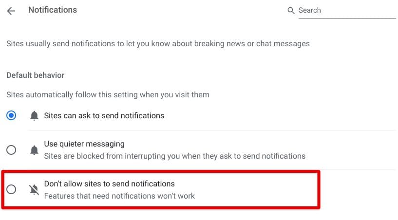 Clicking on "Don't allow sites to send notifications"