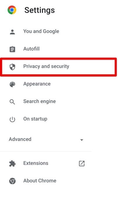 Clicking on "Privacy and security"