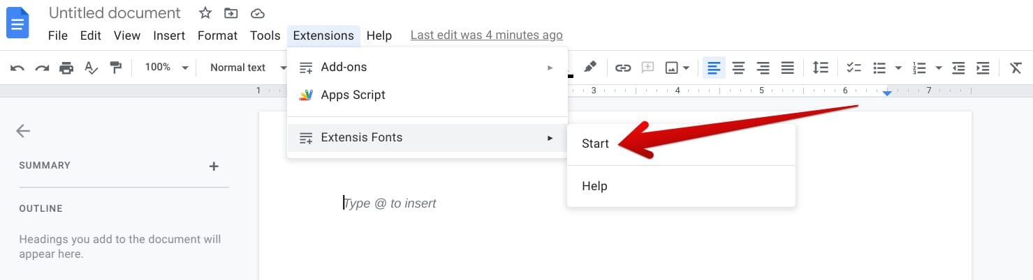 Clicking on the "Start" button in Docs