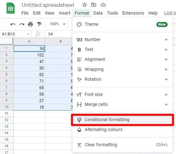 Conditional formatting under format tab