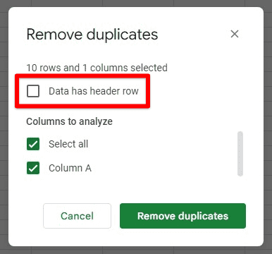 Data has header row checkbox