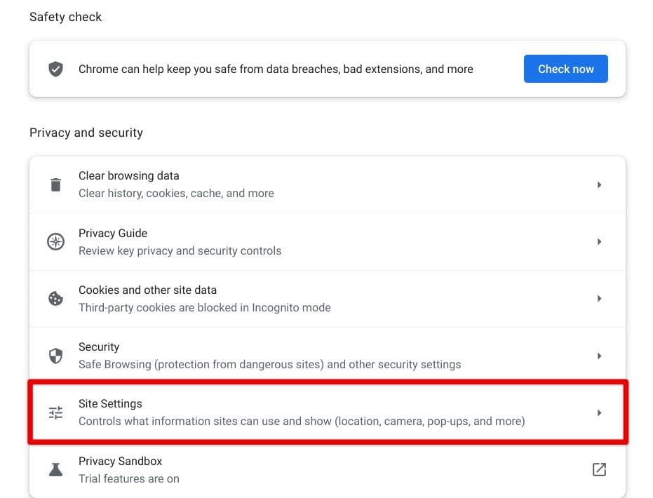 Opening "Site Settings"