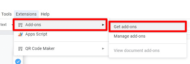Add-ons tab in Google Docs