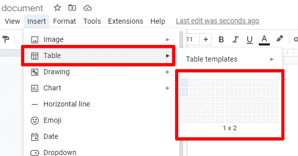 Inserting a 1 x 2 table