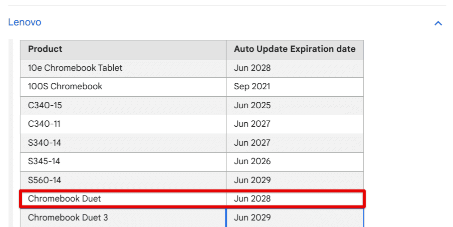 AUE date for the Lenovo Chromebook Duet