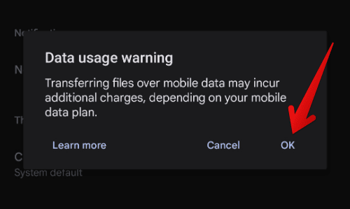 Confirmation window for changing data usage behavior