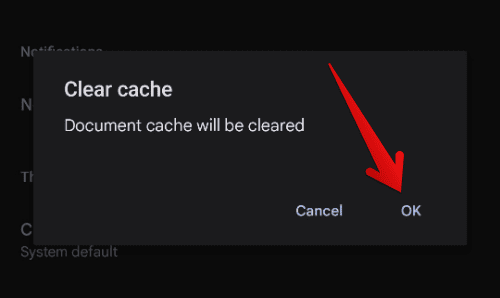 Confirmation window for clearing cache