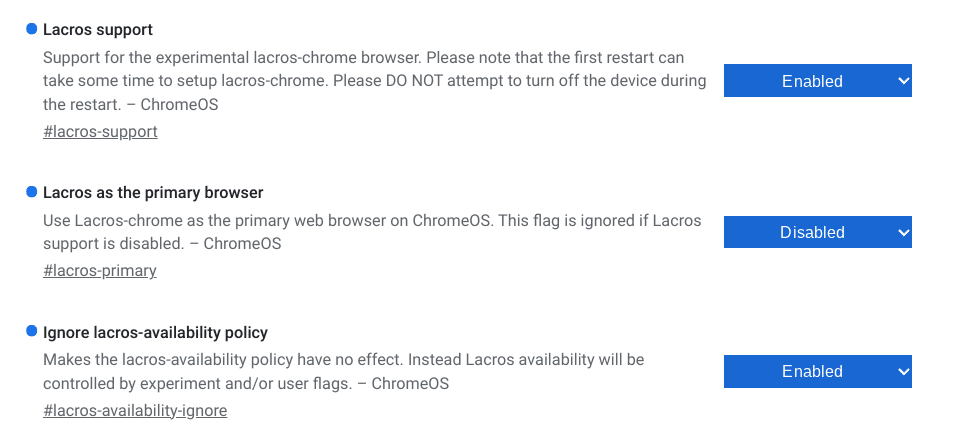 Flags required to get the Lacros browser on ChromeOS