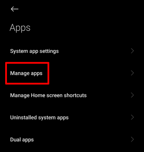 Manage apps tab