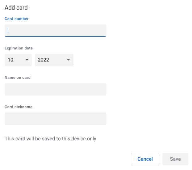 Adding a new card in Chrome