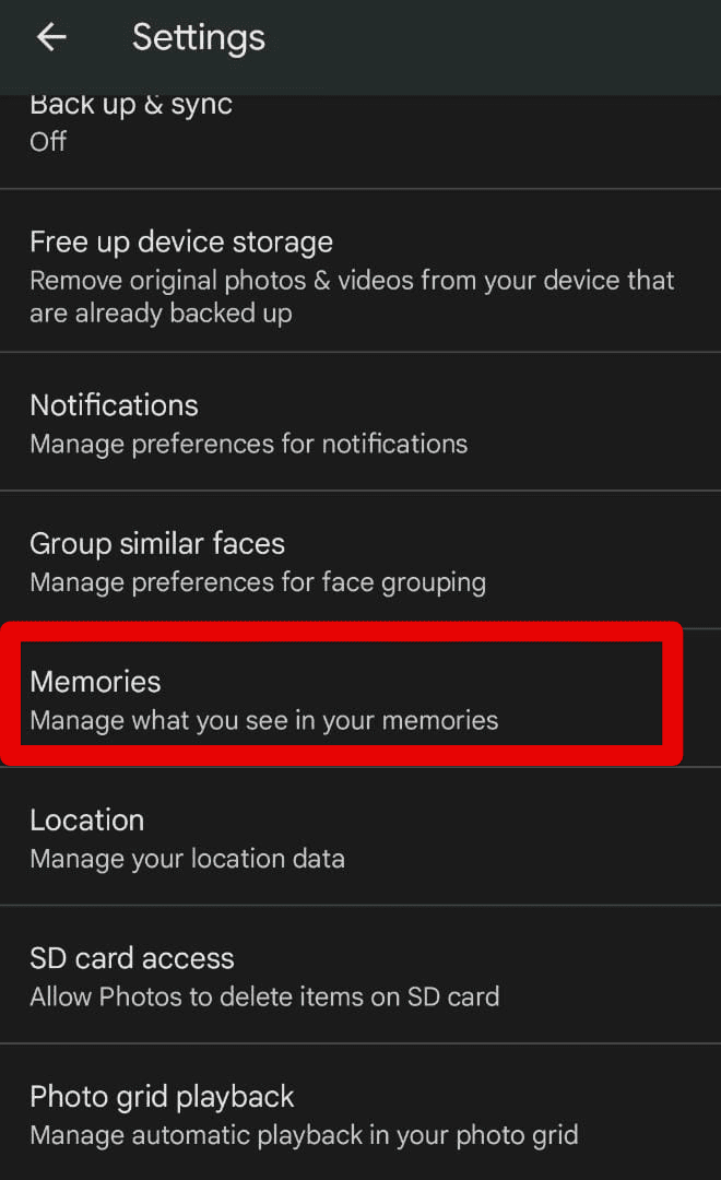 Clicking on "Memories"