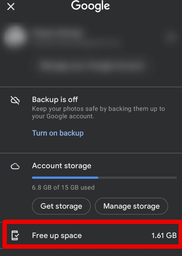 Clicking on the "Free up space" button