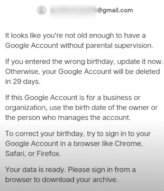 Email announcing the disabling by Google