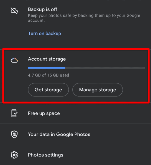 Google Photos account storage