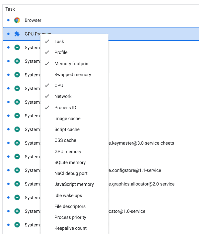 Performing a right-click on Chrome's Task Manager