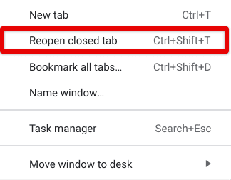 Reopening the closed tabs in Chrome