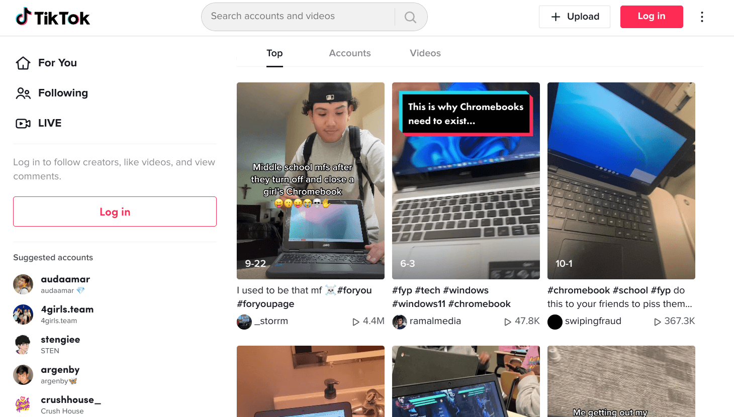 The TikTok website on a Chromebook