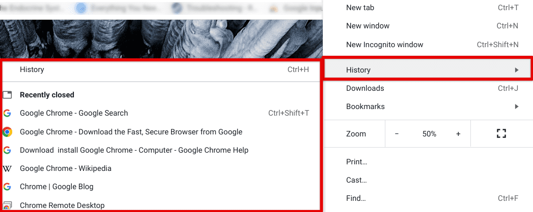 Using the "Recently closed" section to reopen Chrome tabs
