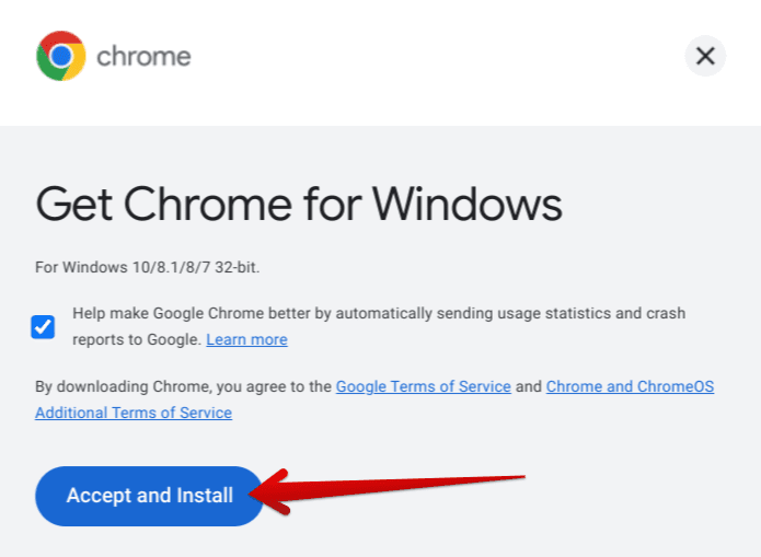 Accepting and installing the Chrome download file