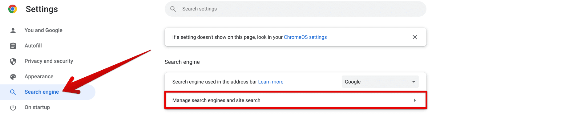 Accessing the Site Search section in Chrome