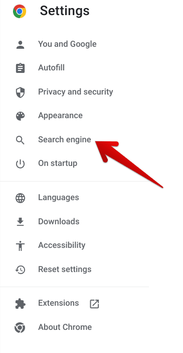 Clicking on the "Search engine" option