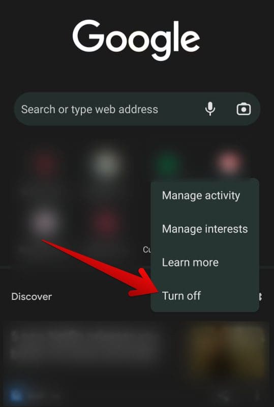 Clicking on the "Turn off" button for Discover in Chrome