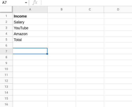 Creating an Income section in Google Sheets first
