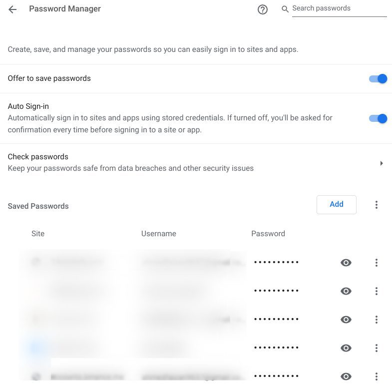Password Manager section of Chrome's Autofill settings