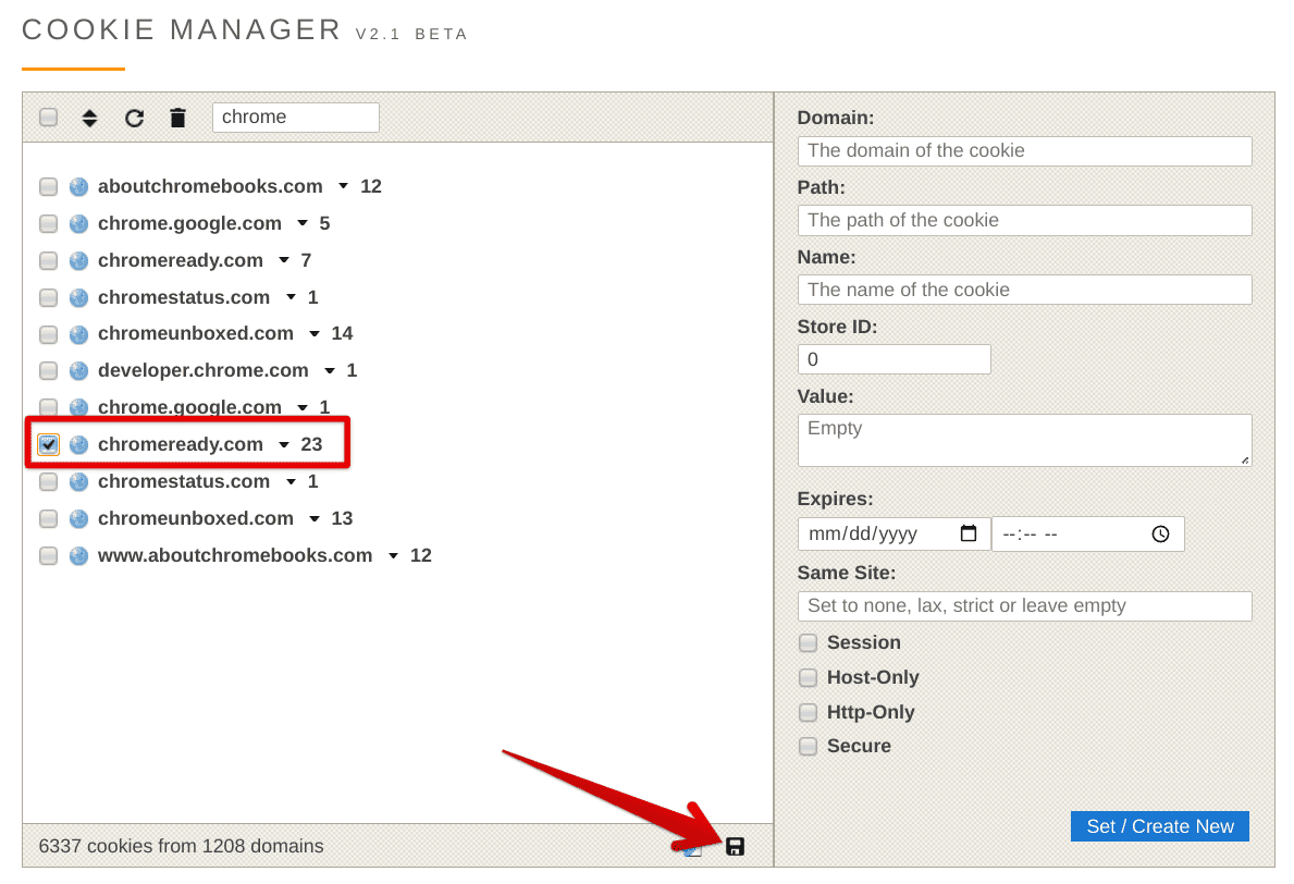 Selecting cookies from a domain and saving them