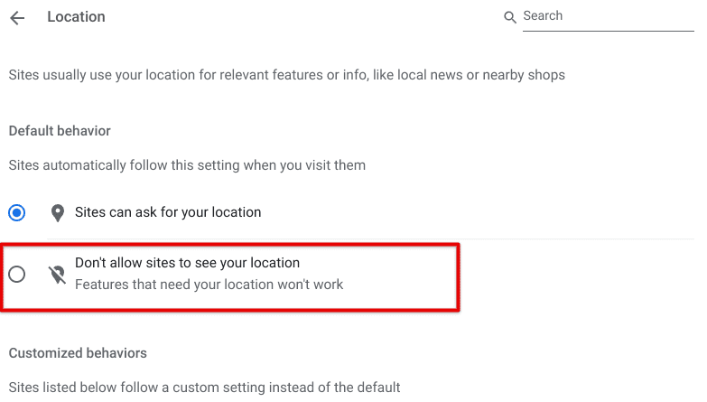Selecting the "Don't allow sites to see your location" option