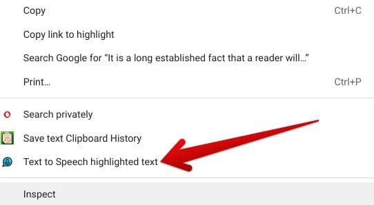 The Text to Speech extension option in the right-click menu