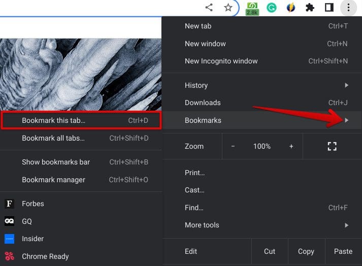 Bookmarking a tab on Google Chrome