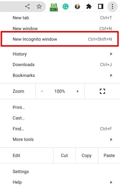 Clicking on "New Incognito window"