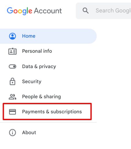 Clicking on the "Payments and subscriptions" button