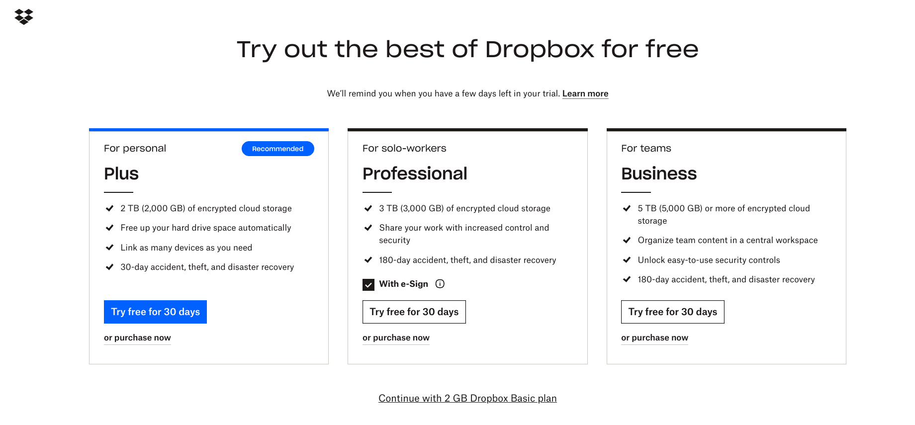 Dropbox's plans and pricing