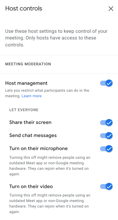 Host controls in Google Meet