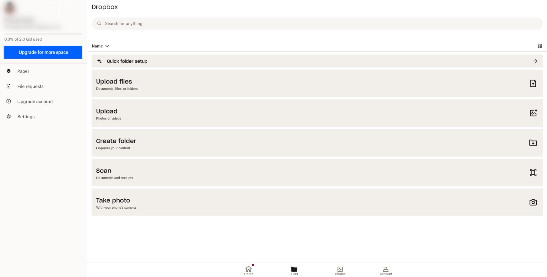 The Dropbox dashboard on ChromeOS