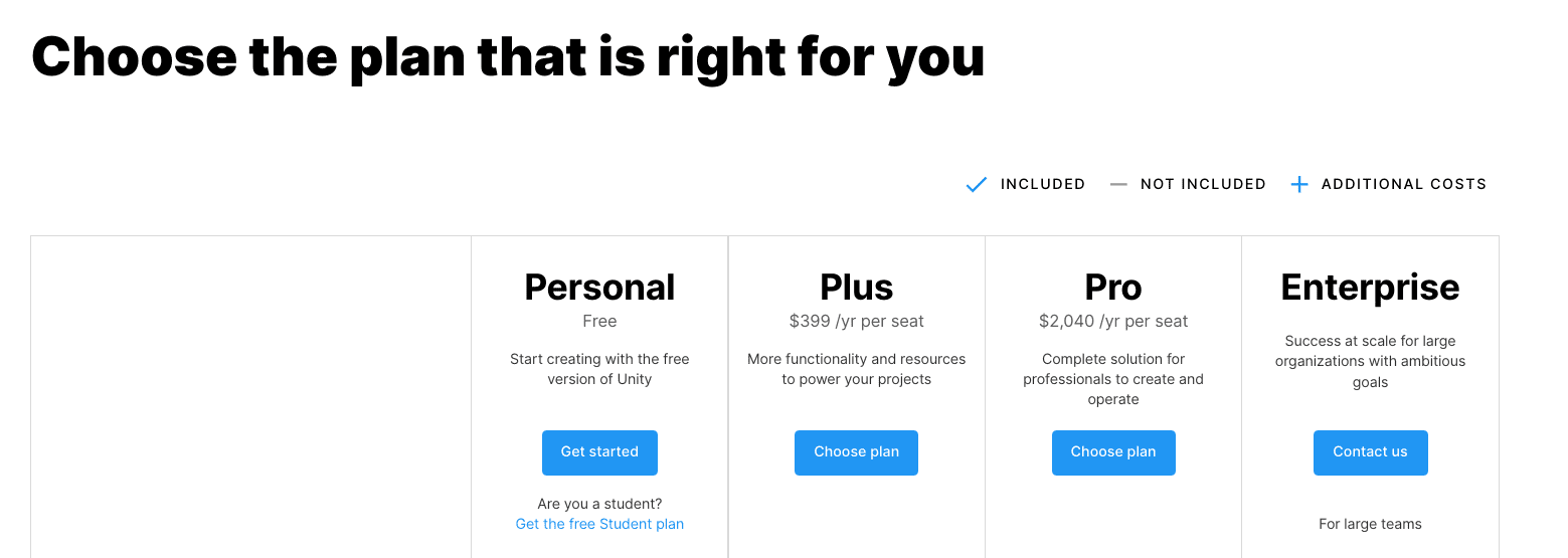 Unity 3D's purchasable plans