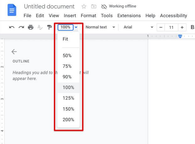 Adjusting the zoom feature in Google Docs