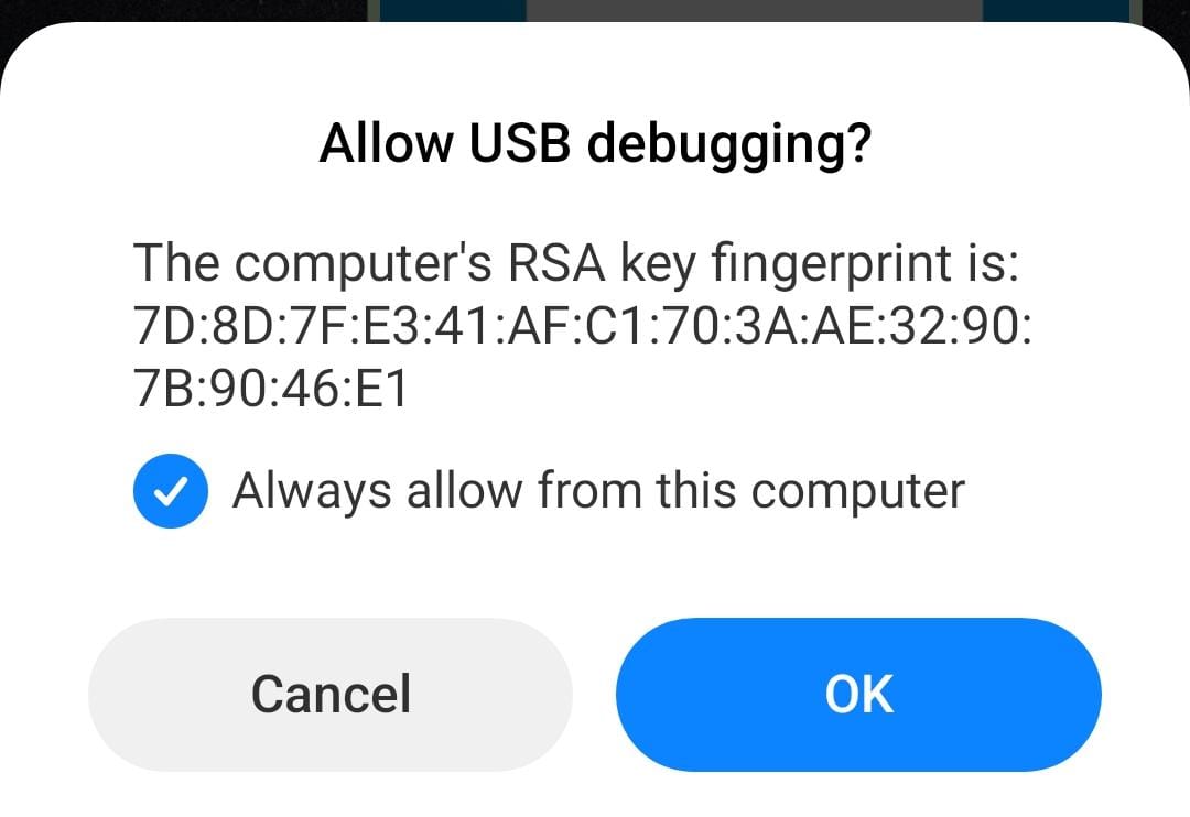 Allowing USB debugging on the Android device