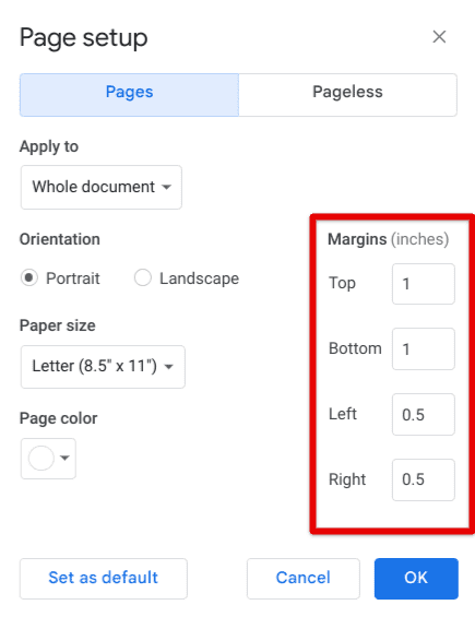 Changing page margins in Google Docs