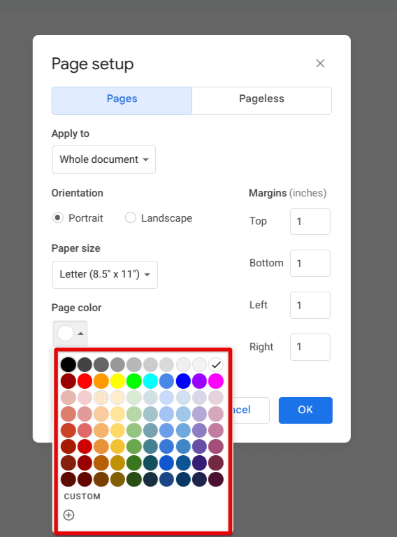 Changing the color of the page in Google Docs