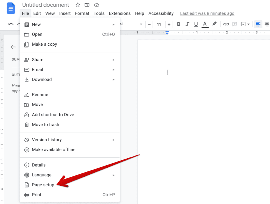 Clicking on the "Page setup" button