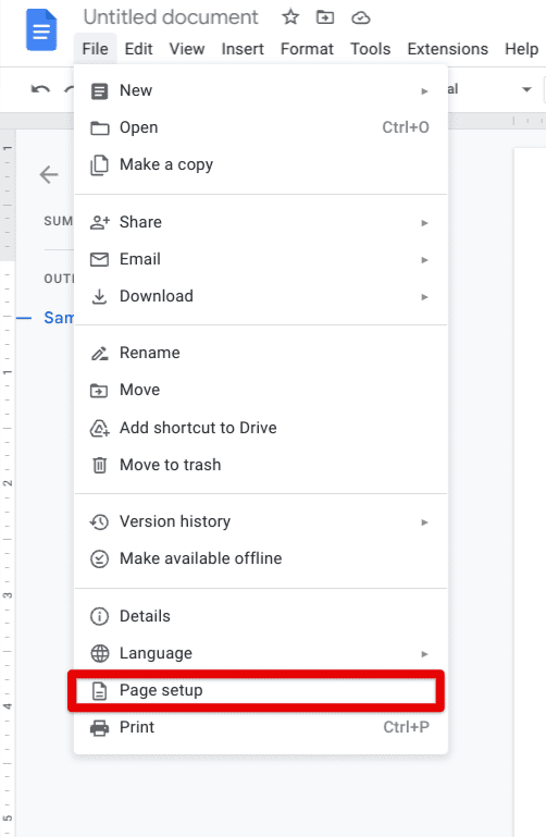 Clicking on the "Page setup" option