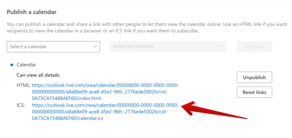 Copying the ICS link to the Outlook calendar